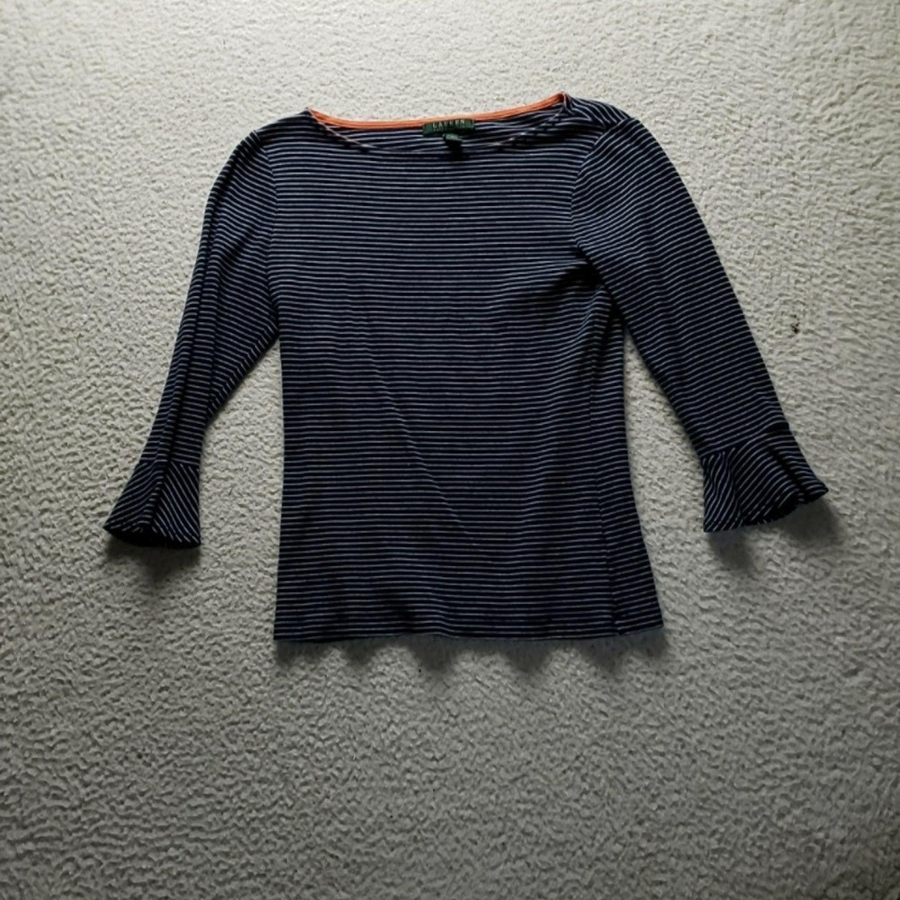 Lauren Ralph Lauren Shirt Womens M Blue Boat Neck 3/4 Bell Sleeve Stripe Top